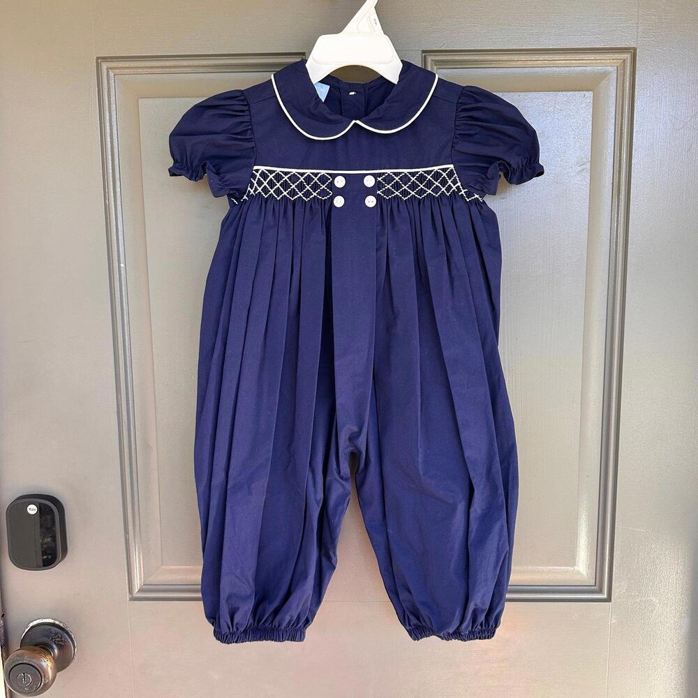Charming Little One Navy Smocked James Long Bubble Romper 18 Months